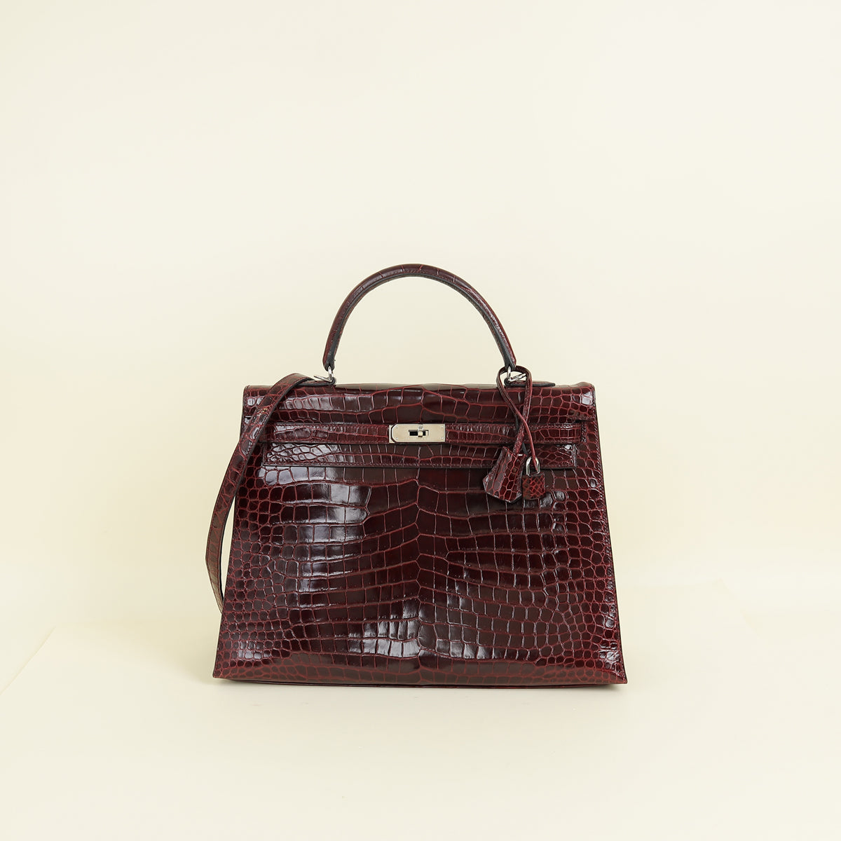 Hermes Bordeaux Shiny Porosus Crocodile Sellier Kelly 35 Bag