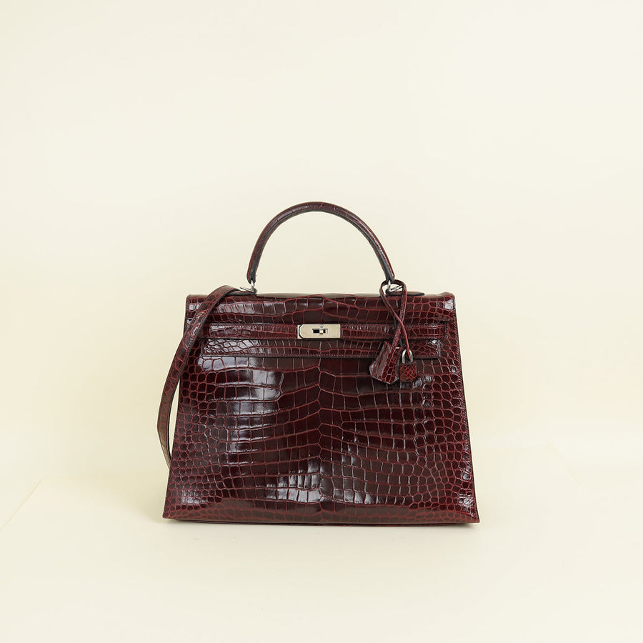 Hermes Bordeaux Shiny Porosus Crocodile Sellier Kelly 35 Bag