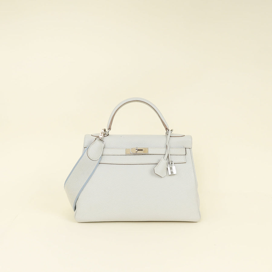 Hermes Gris Perle Retourne Kelly 32 Bag w/ Toile Sangle Strap