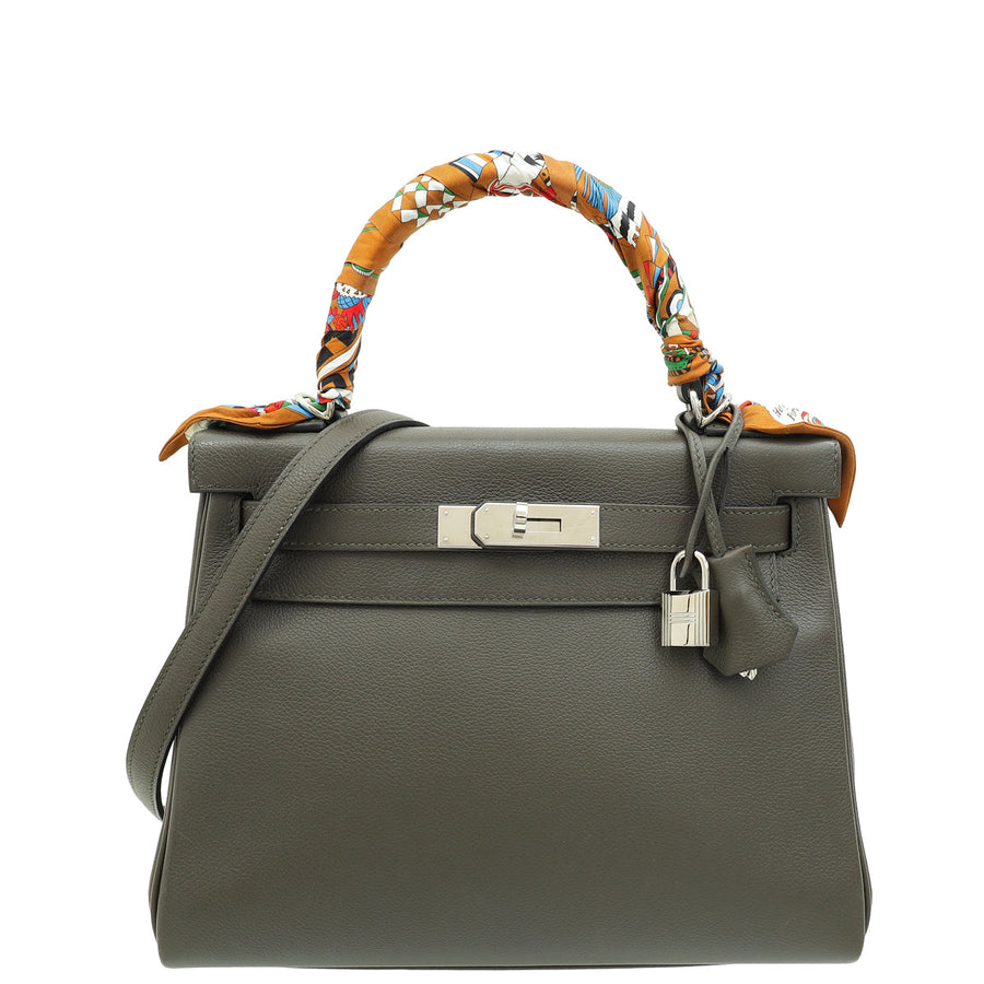 Hermes Vert De Gris Retourne Kelly 28 Bag W/ Twilly