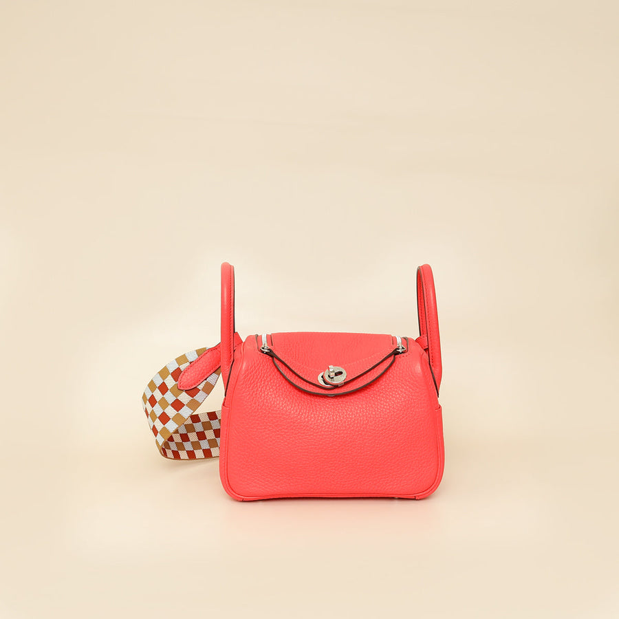 Hermes Rose Texas Lindy Mini Bag W/ Sangle Maxi Quadrille Strap