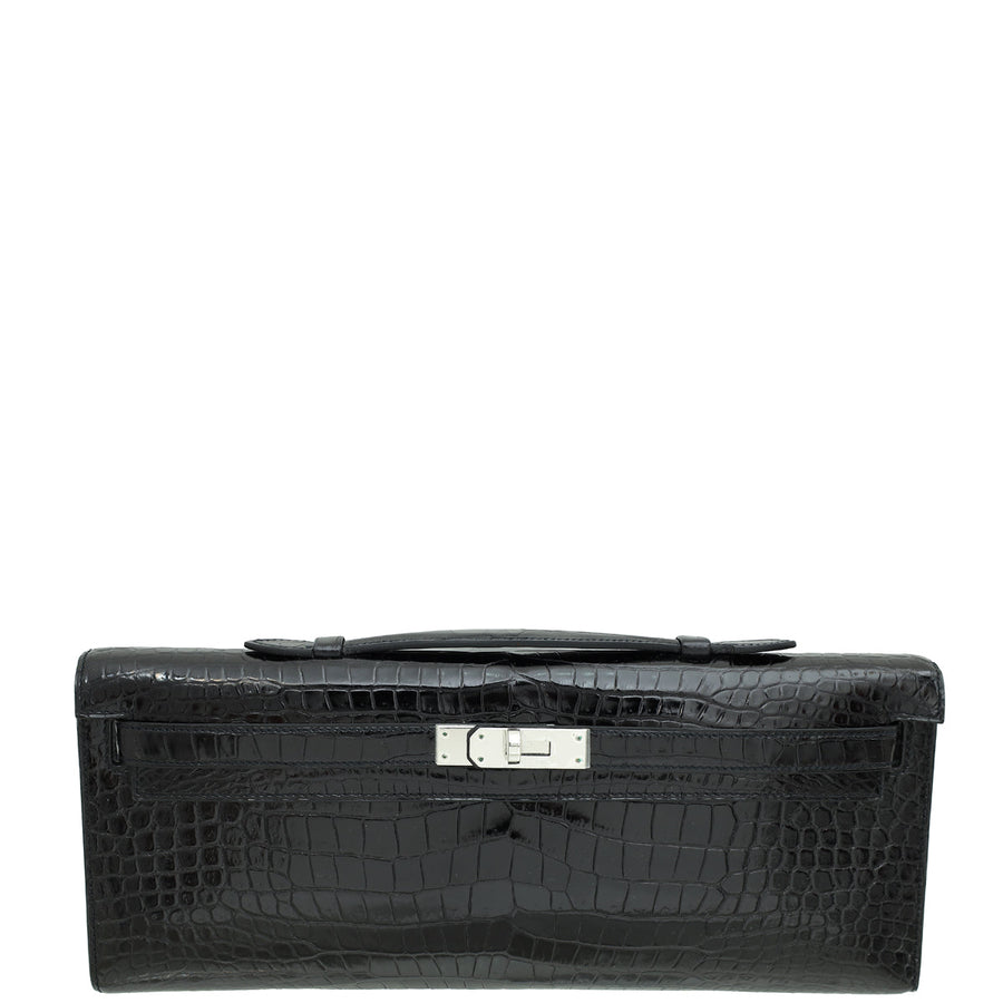Hermes Noir Kelly Cut Shiny Crocodile Porosus Bag