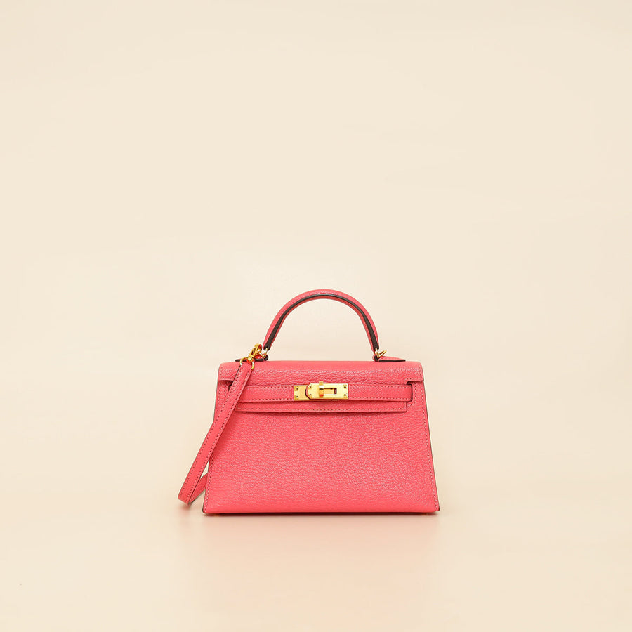 Hermes Rose Azalee Chevre Mysore Mini Kelly Sellier Bag