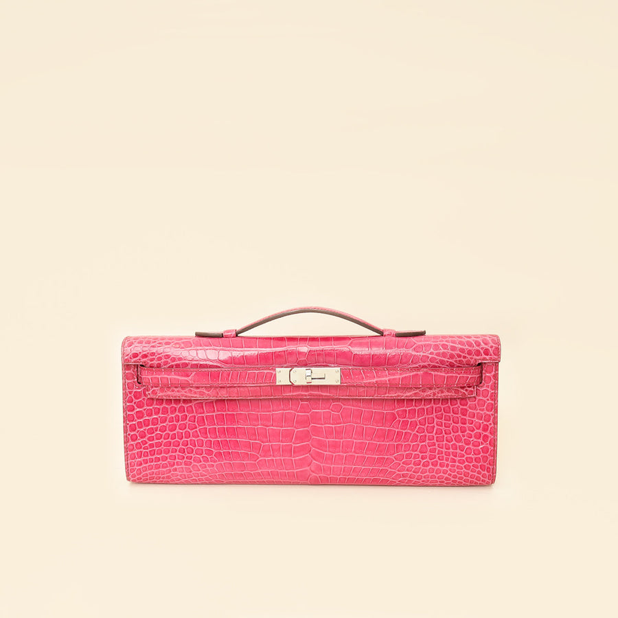 Hermes Fuchsia Shiny Porosus Crocodile Kelly Cut Bag