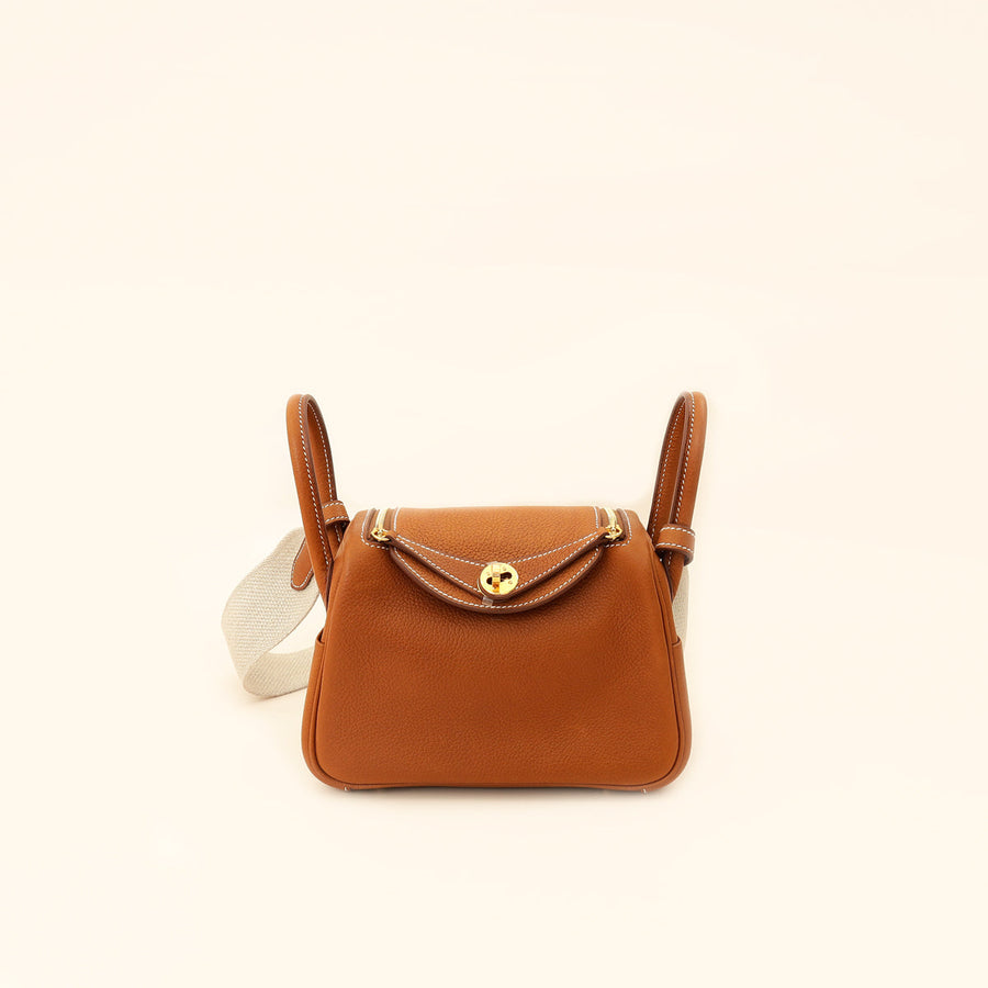 Hermes Gold Lindy II Mini Bag W/ Grain Toile Canvas Shoulder Strap