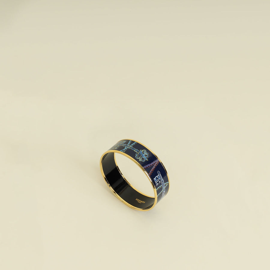 Hermes Indigo Multicolor Les Cles Printed Enamel Bangle