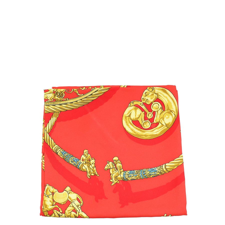 Hermes Rouge Multicolor Rybal "Les Cavaliers d'Or Silk Scarf 90