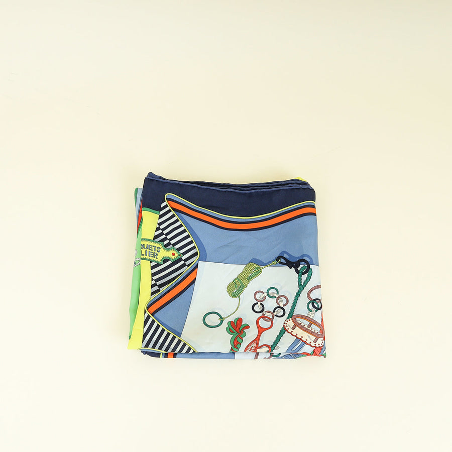 Hermes Bleu Multicolor "Bouquets Sellier" Silk Scarf