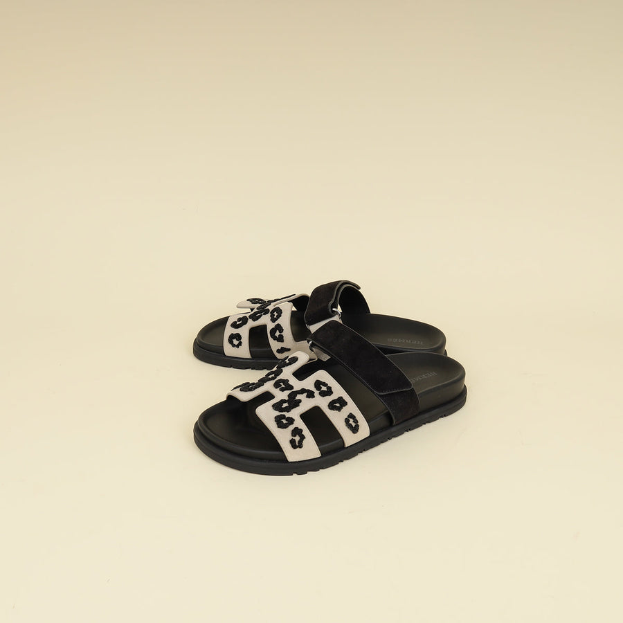 Hermes Bicolor Tufted Leopard Chypre Sandals 37