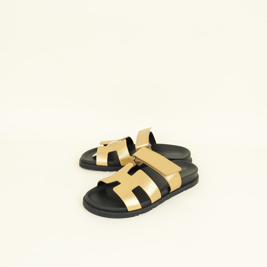 Hermes Metallic Dore Chypre Sandals 38