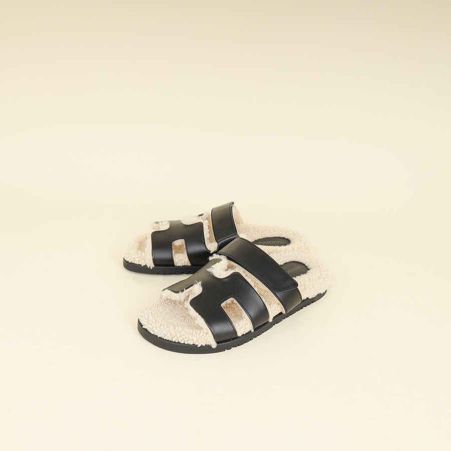 Hermes Noir w/ Shearling Chypre Sandals 37.5