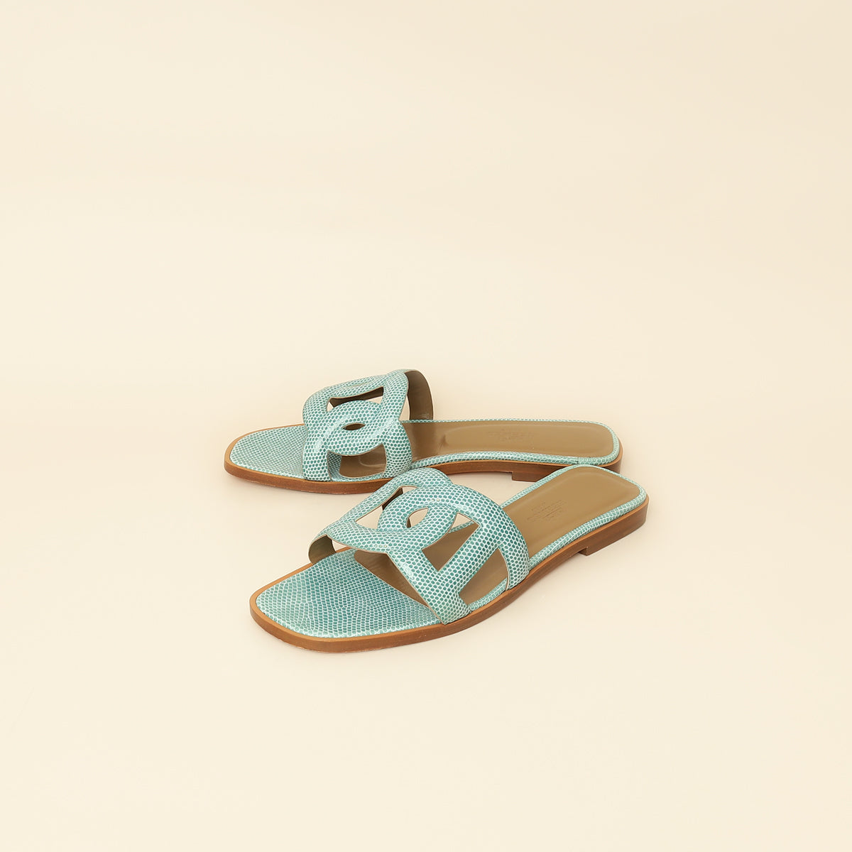 Hermes Turquoise Lizard Omaha Sandals 37