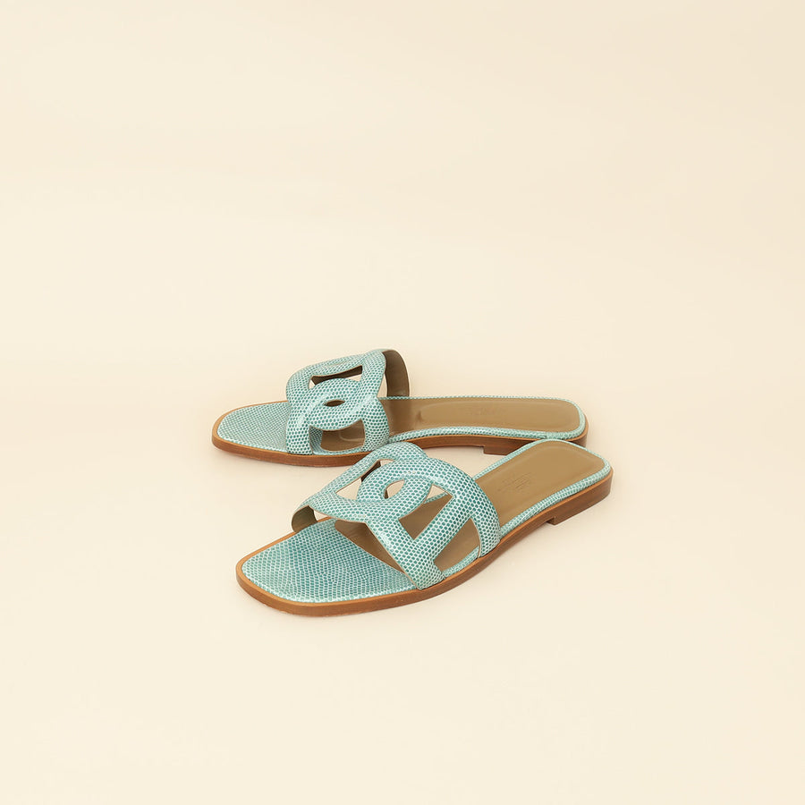 Hermes Turquoise Lizard Omaha Sandals 37