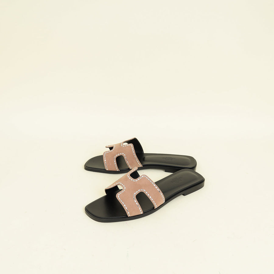 Hermes Rose Perle Oran Crystal Sandals 39
