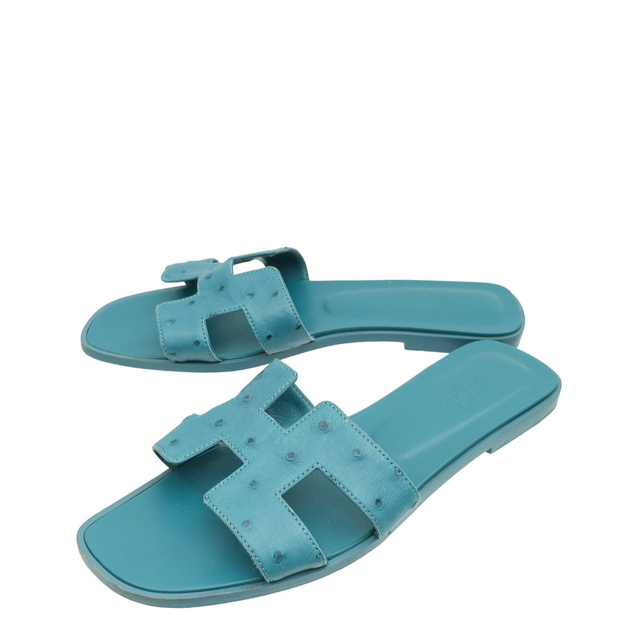 Hermes Bleu Vif Oran Ostrich Sandal 41