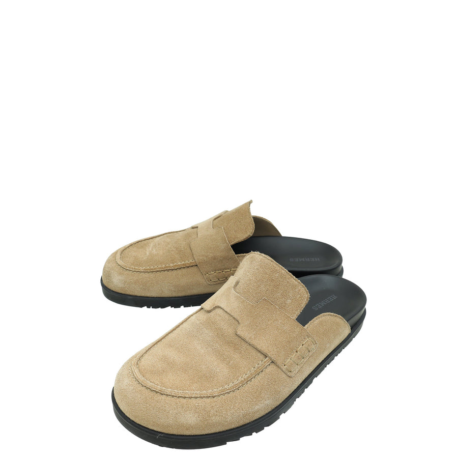Hermes Camel Beige Go Mules Suede Goatskin 38.5