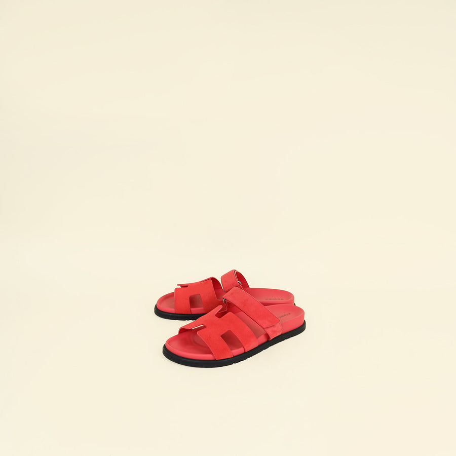Hermes Rose Vermillone Chypre Suede Goatskin Sandal 40.5
