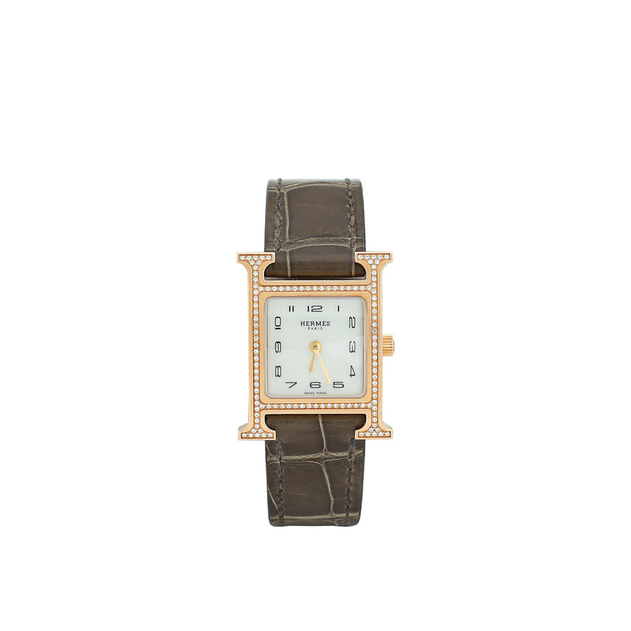 Hermes 18K Rose Gold Diamond Heure H Mini Model 21mm Quartz Watch