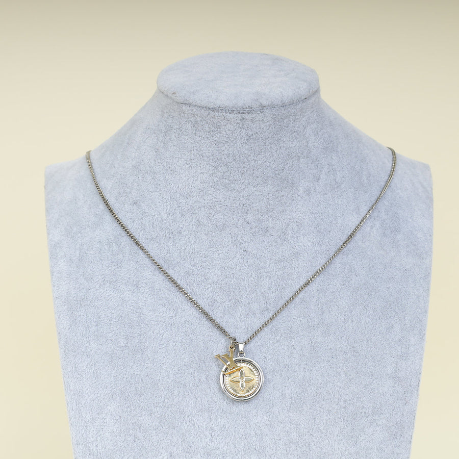 Louis Vuitton Silver Gold Round Rotating Pendant Necklace