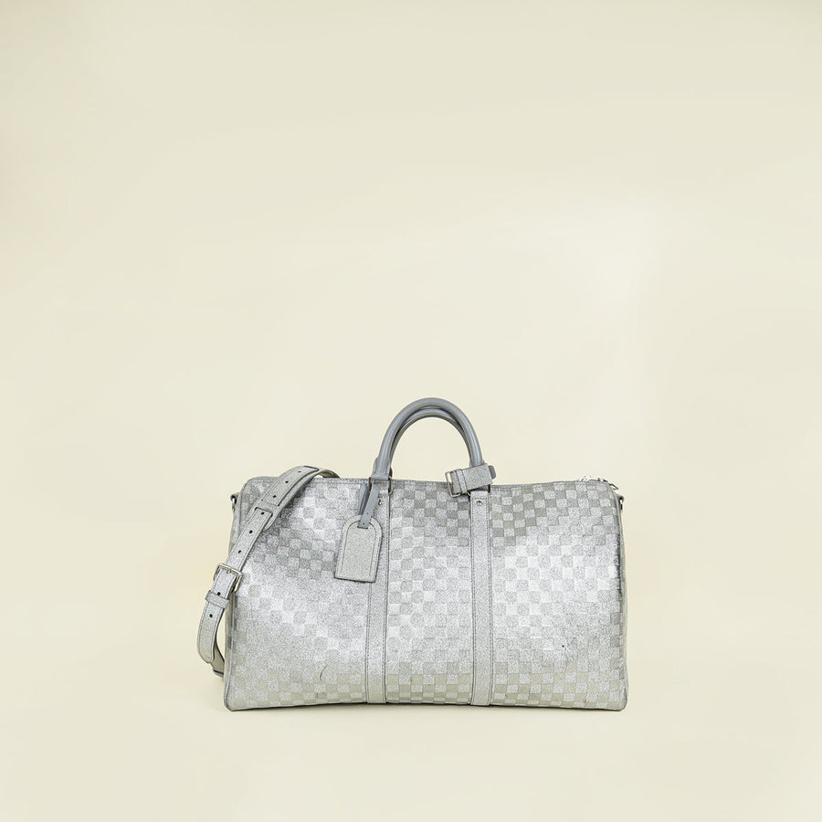 Louis Vuitton Metallic Silver Virgil Abloh Damier Glitter Keepall Bandouliere 50 Bag