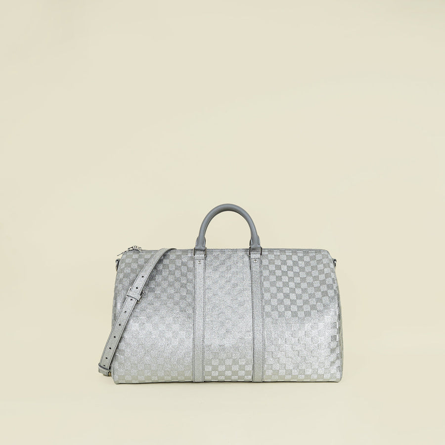 Louis Vuitton Metallic Silver Virgil Abloh Damier Glitter Keepall Bandouliere 50 Bag