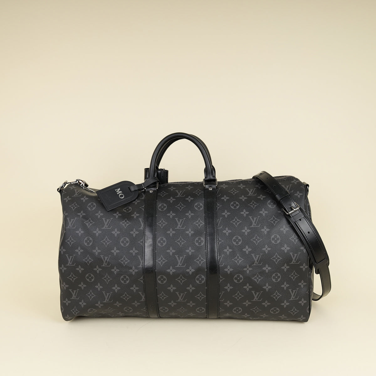 Louis Vuitton Monogram Eclipse Keepall Bandouliere 55 Bag W/ MO Initials