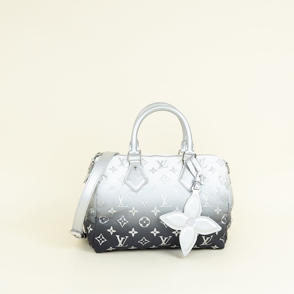 Louis Vuitton Frost Gardiant Silver Monogram Nylon Gradient Snow Speedy Bandouliere 25 Bag