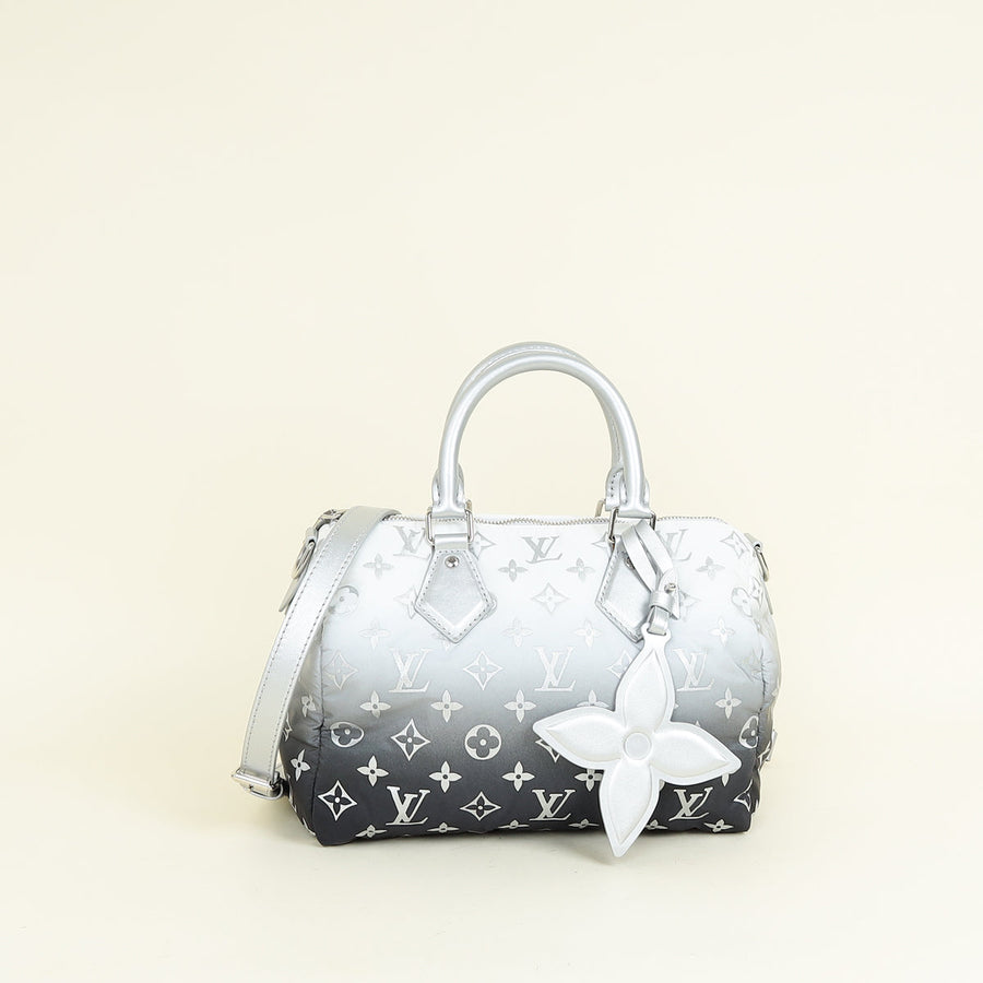 Louis Vuitton Frost Gardiant Silver Monogram Nylon Gradient Snow Speedy Bandouliere 25 Bag