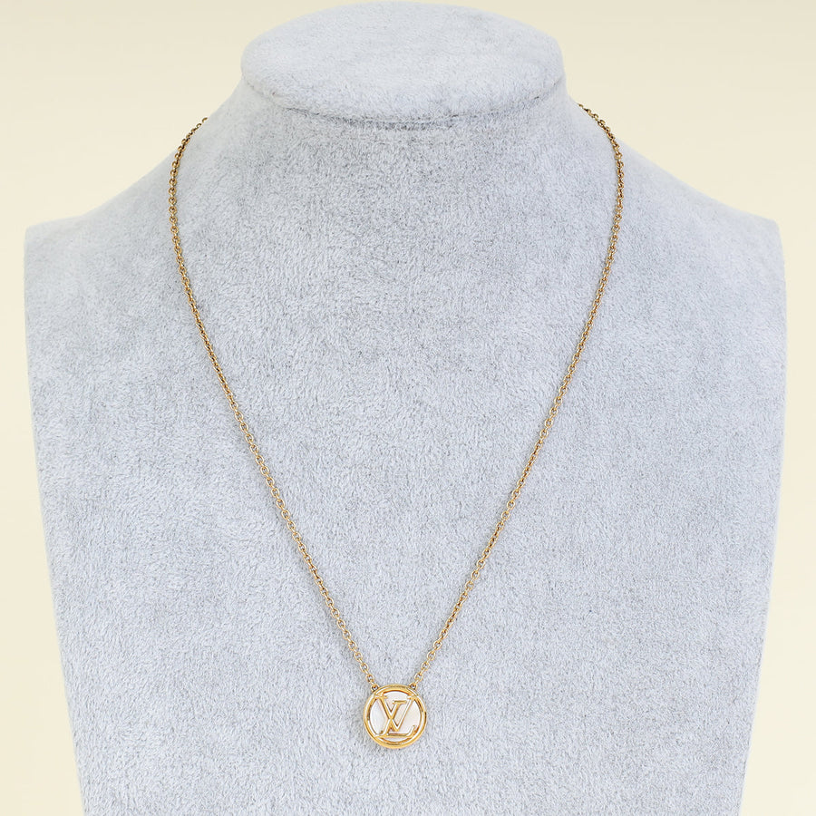 Louis Vuitton Gold Mother of Pearl Circle Logo Pendant Necklace