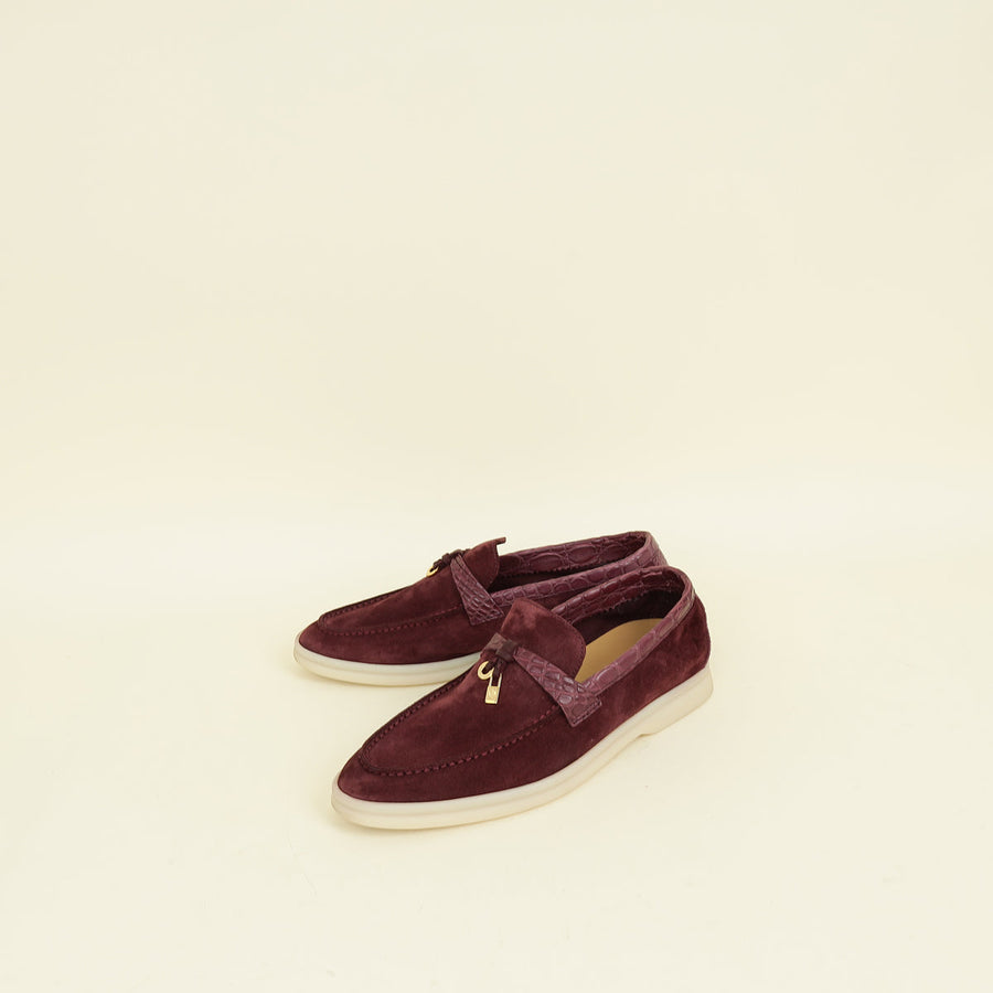 Loro Piana Wild Plum Suede And Alligator Skin Touch Summer Charms Walk Loafer 38