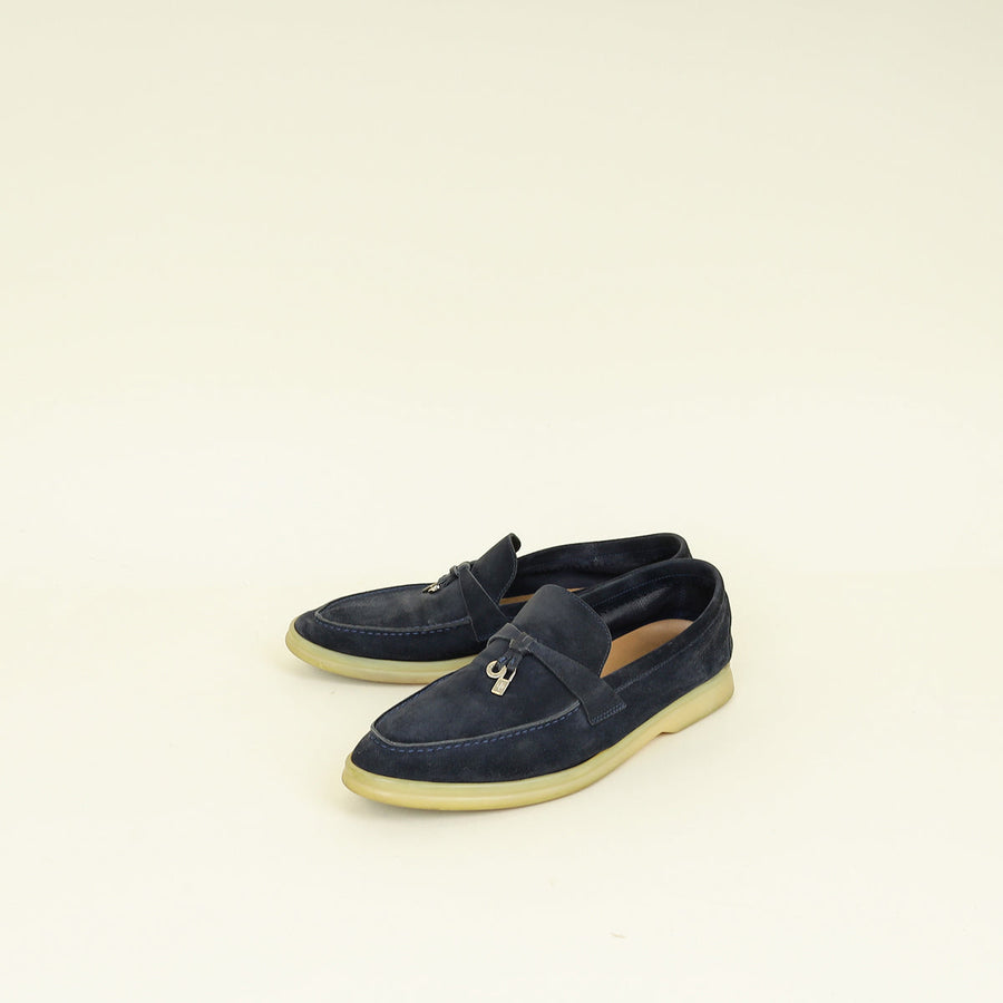 Loro Piana Argo Blue Melange Summer Charms Walk Loafers 38.5