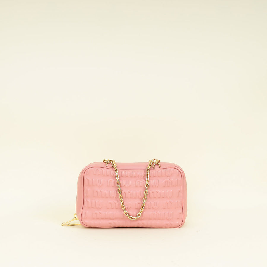 Miu Miu Pink Softy Logo Embossed Chain Shoulder Bag