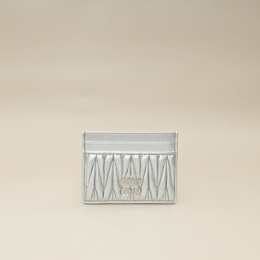 Miu Miu Metallic Silver Matelassé Nappa Card Holder