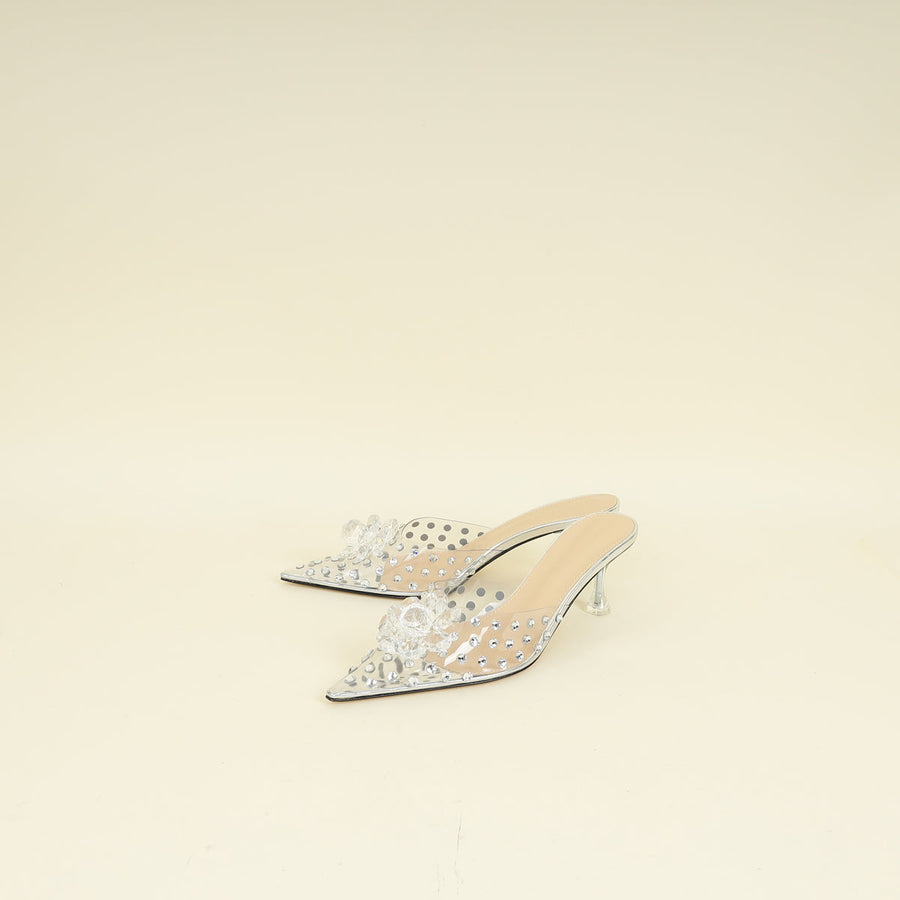 Mach & Mach Transparent  Metallic Silver Little Crystal Glass Mules 37.5