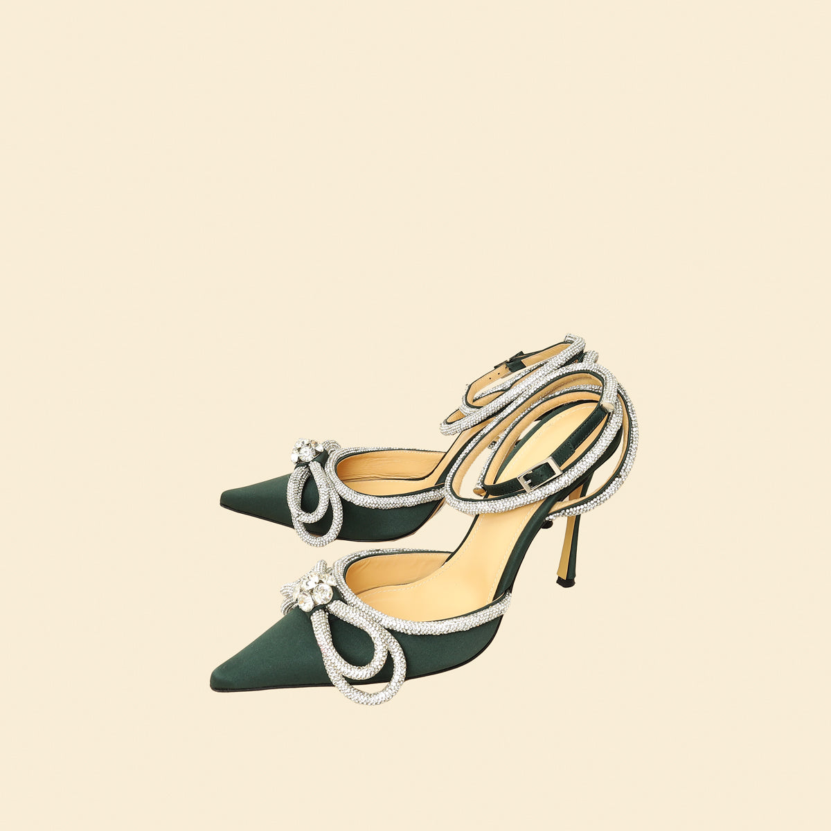 Mach & Mach Emerald Satin Crystal Double Bow Pumps 38