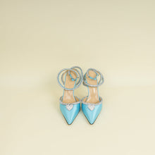 Mach & Mach Light Blue Satin Crystal Heart Embellished Ankle Strap Pumps 40.5