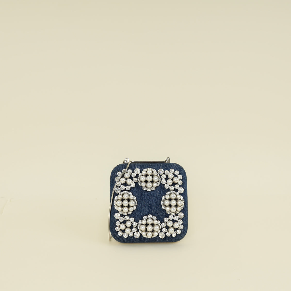 Manolo Blahnik Blue Denim Pearl Embellished Hangisi Clutch Bag