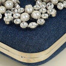 Manolo Blahnik Blue Denim Pearl Embellished Hangisi Clutch Bag