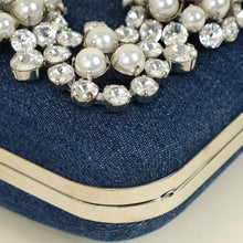 Manolo Blahnik Blue Denim Pearl Embellished Hangisi Clutch Bag