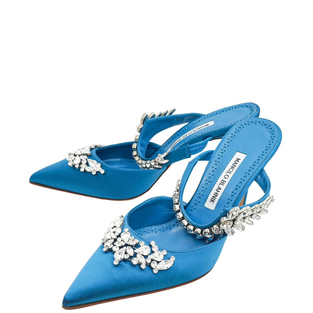 Manolo Blahnik Dark Teal Lurum Satin Crystal Slingback Mules 38.5
