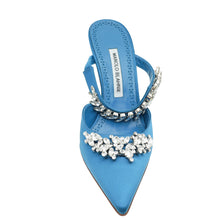 Manolo Blahnik Dark Teal Lurum Satin Crystal Slingback Mules 38.5