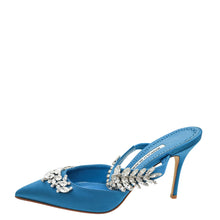 Manolo Blahnik Dark Teal Lurum Satin Crystal Slingback Mules 38.5