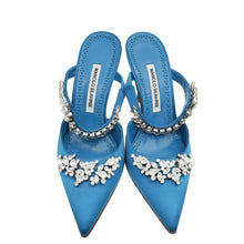 Manolo Blahnik Dark Teal Lurum Satin Crystal Slingback Mules 38.5