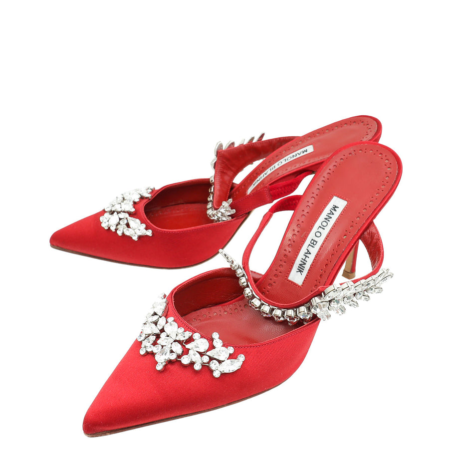 Manolo Blahnik Dark Red Lurum Satin Crystal Slingback Mules 38.5