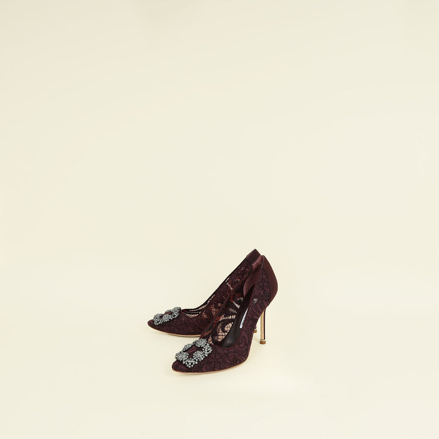 Manolo Blahnik Burgundy Hangisi Lace Embellished Pump 37.5