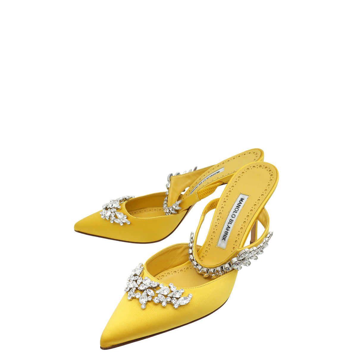 Manolo Blahnik Yellow Lurum Satin Crystal Slingback Mules 38.5