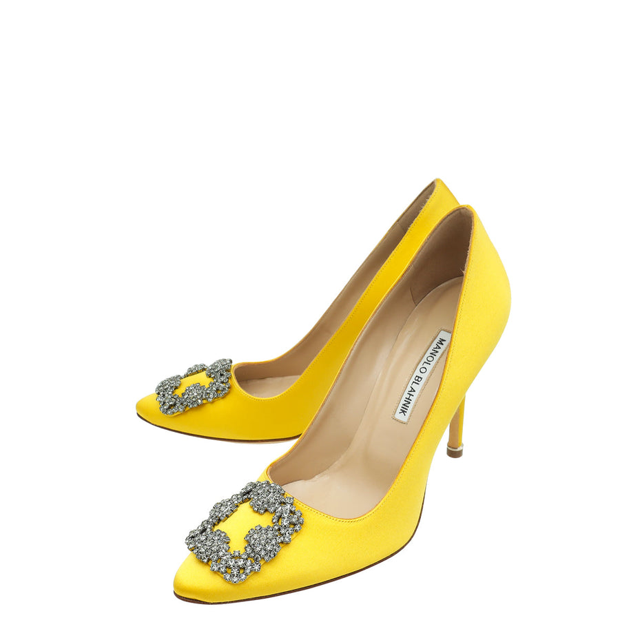 Manolo Blahnik Yellow Hangisi Embellished Satin Pump 38