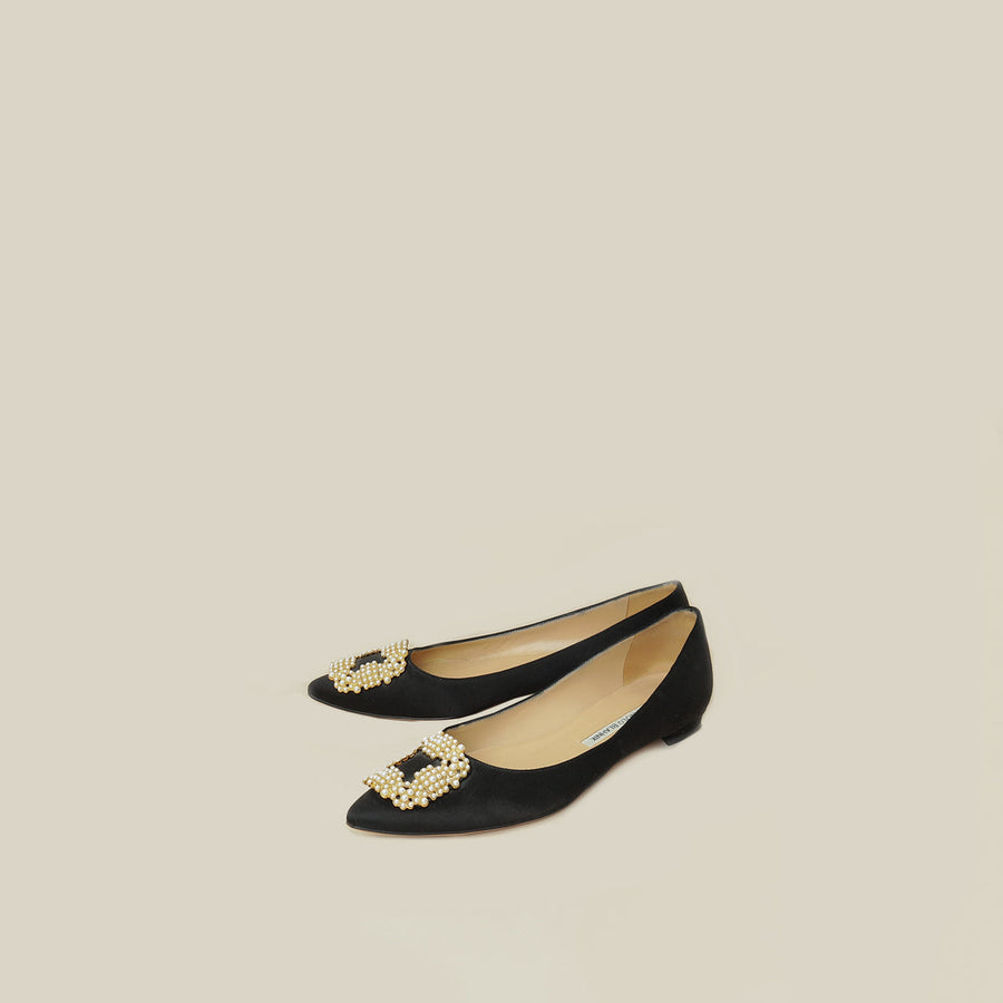 Manolo Blahnik Black Satin Hangisi Flats 38