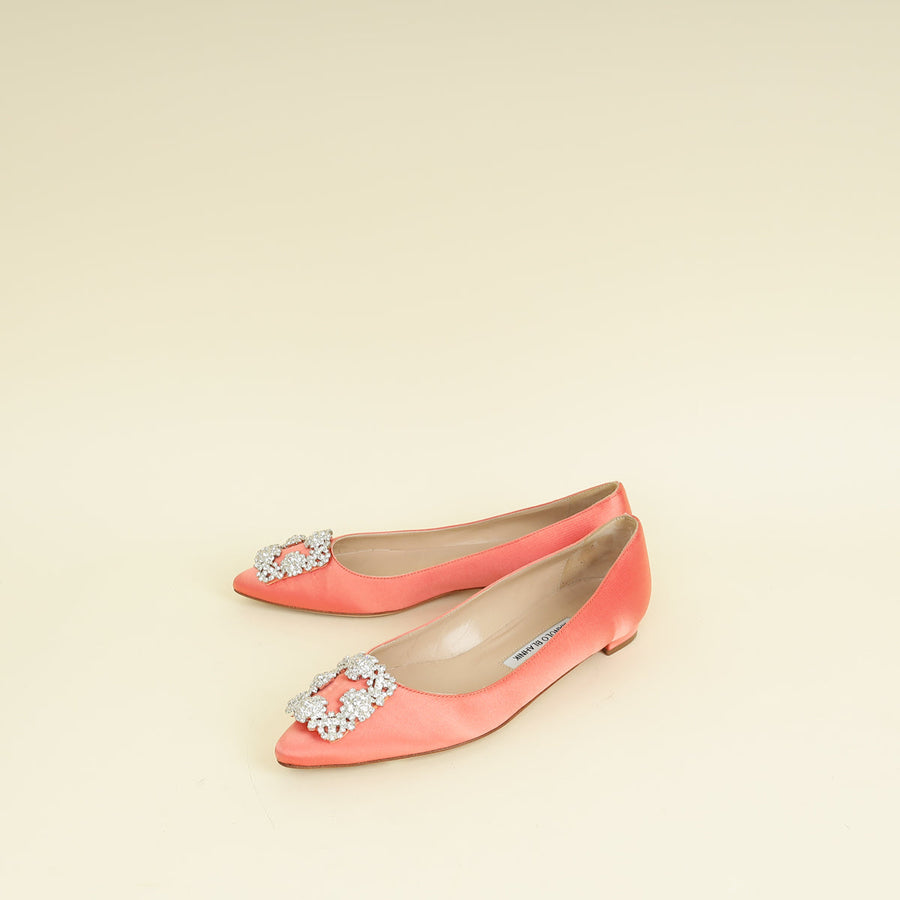 Manolo Blahnik Peach Hangisi Crystal Ballerina Flat 38