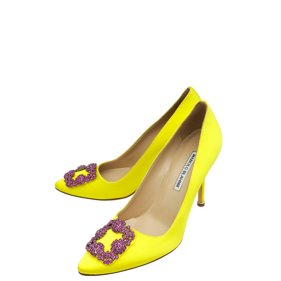 Manolo Blahnik Yellow Hangisi Embellished Satin Pump 38